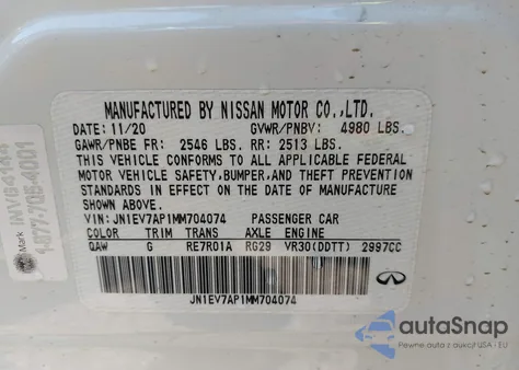 2021 Infiniti Q50 Pure from USA, damaged, VIN JN1EV7AP1MM704074